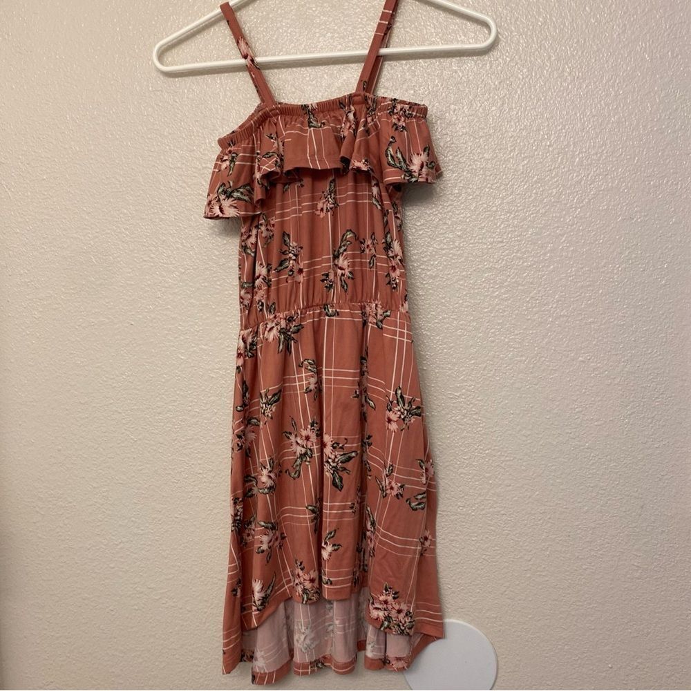 Mauve pink floral ruffle off shoulder hi lo maxi Sundress stretchy girls 10/12